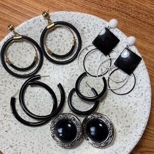 LOT (5 prs) Vintage Black and Silver Earrings pierced